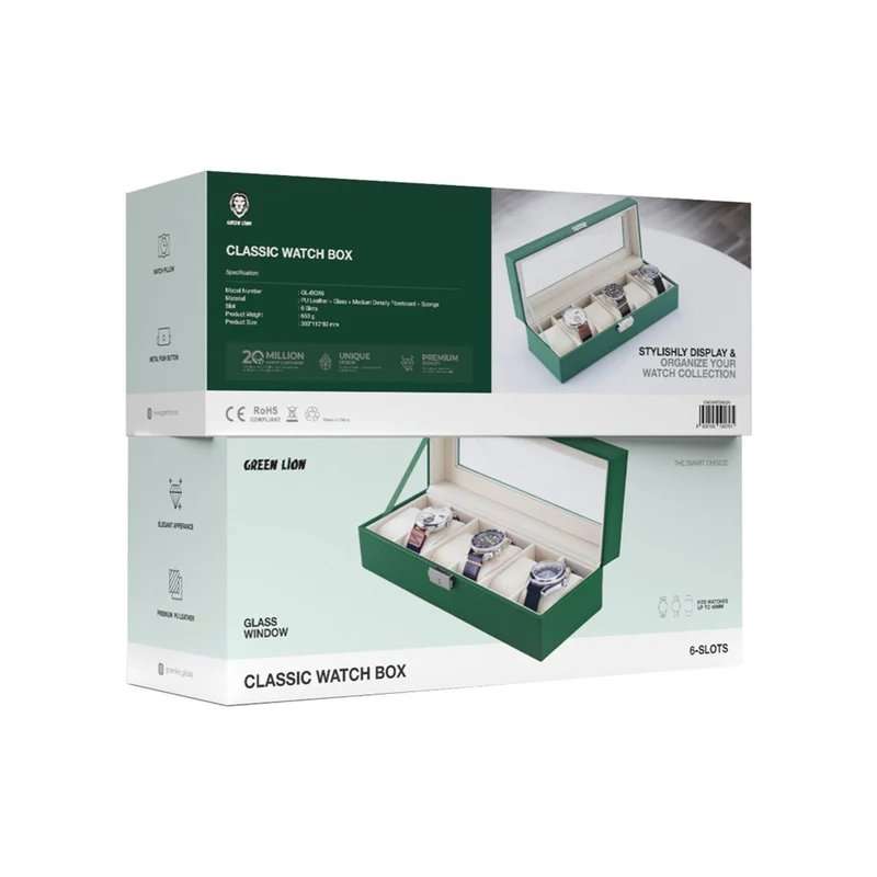 Green Lion Classic Watch Box 6 slots with Glass - Linkphones Center