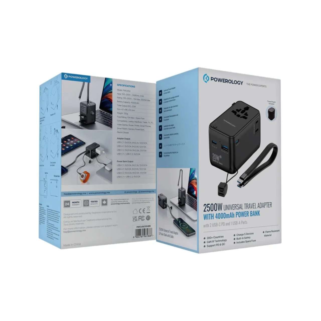 Powerology PD 20W Universal Travel Adapter With Built-in Power Bank 4000mAh - Linkphones Center