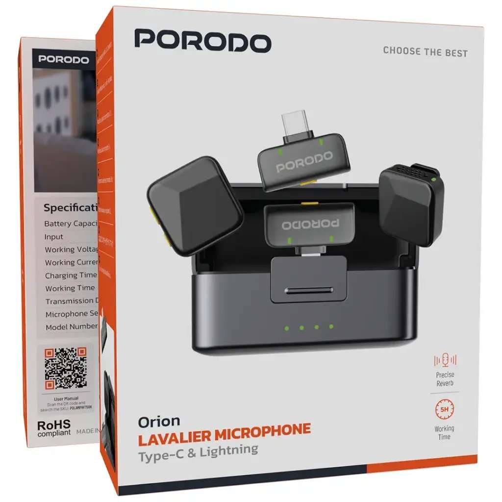 Porodo Orion Lavalier Microphone with 70mAh Mic + 650mAh Cabin + Apple & Type-C Connector - Linkphones Center